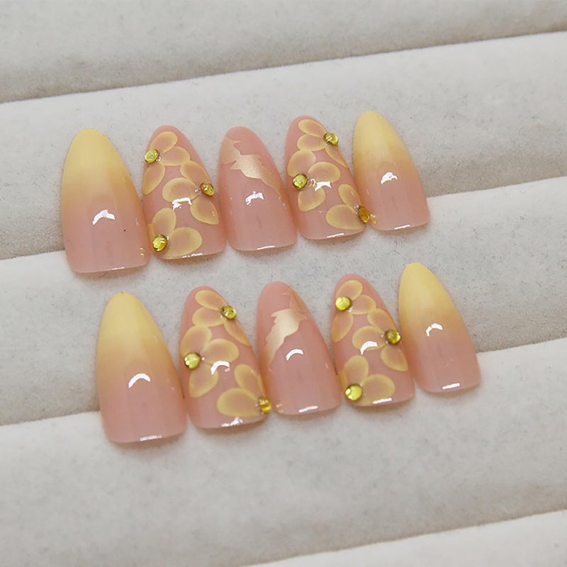 ASABITE 24 Pcs Almond Press on Nails Medium Fake Nails with Glue Artificial False Nails with 3D Flower Charms Design Acrylic Nails Press ons Stiletto Nail Tips Summer Glue on Nails Stick on Nails for Women - Image 4